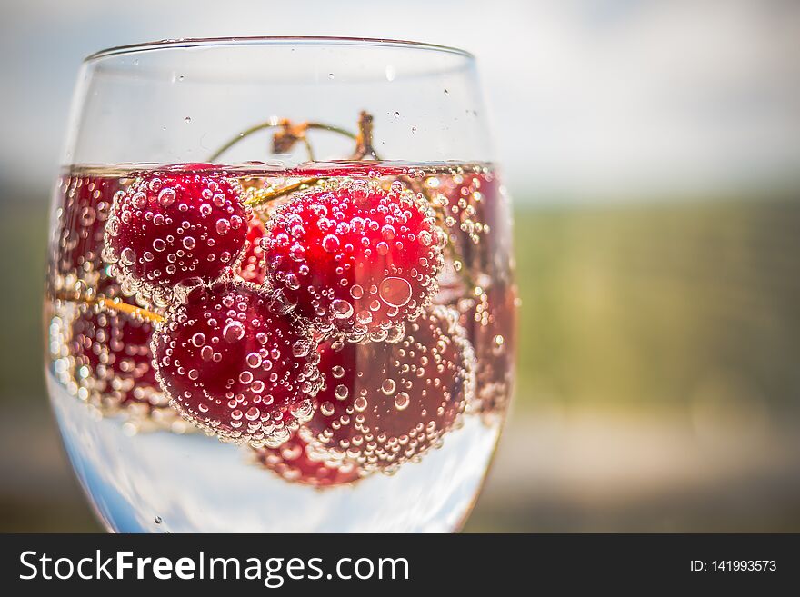 Summer iced refreshment drink, cherry cola lemonade or mojito cocktail in tall glass, on light blue and grey background copy space