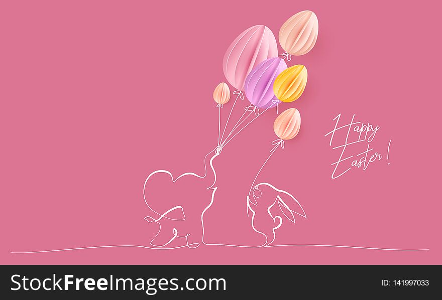 Happy Easter. Cute little elephant with air balloons shaped as eggs and rabbit. Vector paper desing illustration. Continuous one line style. Happy Easter. Cute little elephant with air balloons shaped as eggs and rabbit. Vector paper desing illustration. Continuous one line style.