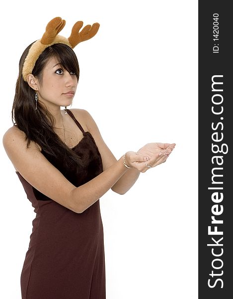 Cute Girl Holding Out Hands With Reindeer Ears On