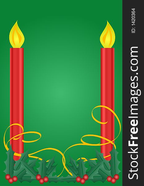 Two festive red holiday candles and holly frame a green background.Illustration.