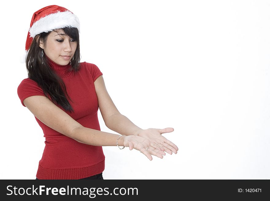 Girl In Santa Hat Looking At Your Product