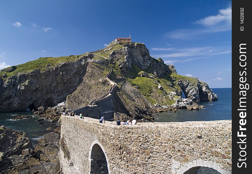 San Juan de Gazteluatxe, Vizcay, Spain. Ancient church/chapel on an island hill