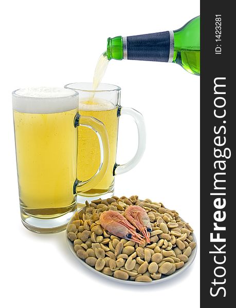 Two mugs of beer and plate with snacks. Clipping path included.