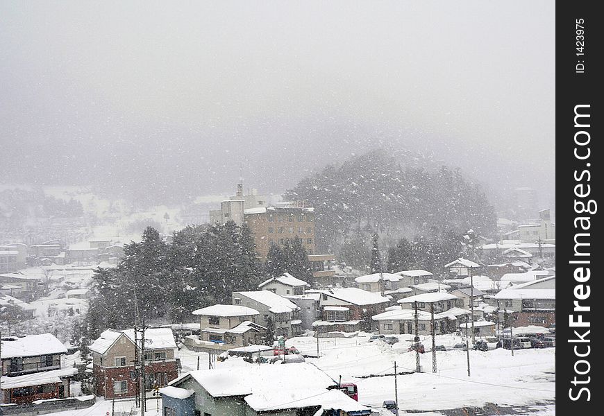 Blizzard over mountain countryside, Nagano, Japan. Blizzard over mountain countryside, Nagano, Japan