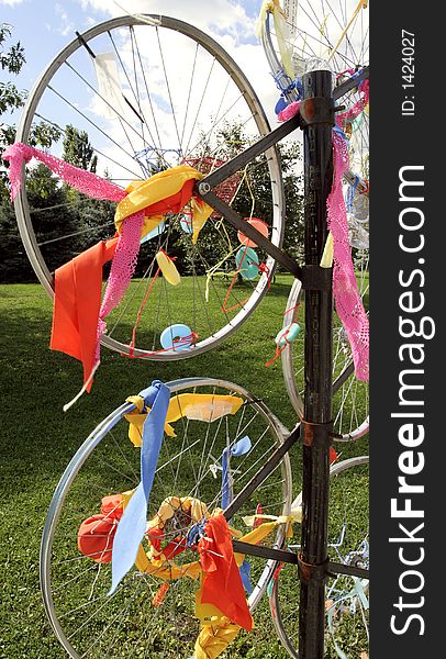 Rims with ribbon in a park