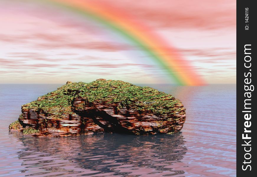 A digitally created image of a beautiful rock in the ocean with a rainbow in the background. A digitally created image of a beautiful rock in the ocean with a rainbow in the background