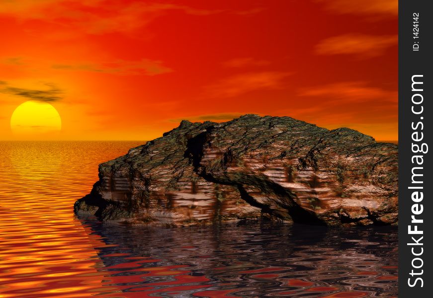 A digitally created image of a beautiful rock in the ocean with a sunset in the background. A digitally created image of a beautiful rock in the ocean with a sunset in the background