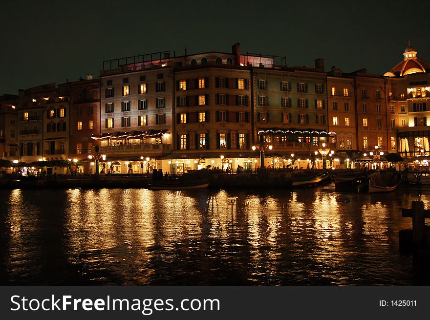 A city near lake at night. It was taken at Tokyo Disneysea, Japan. A city near lake at night. It was taken at Tokyo Disneysea, Japan.