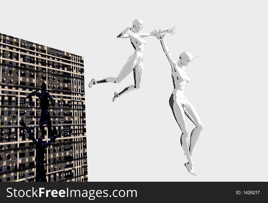 Platinum render on female figure leaping off the edge. Platinum render on female figure leaping off the edge