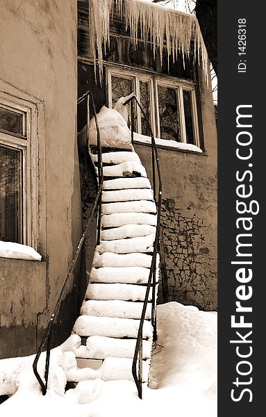 Old building. Sepia. Stairs. Winter. Old building. Sepia. Stairs. Winter.