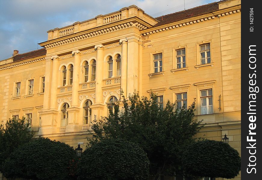 The building in the center of the city behind the trees