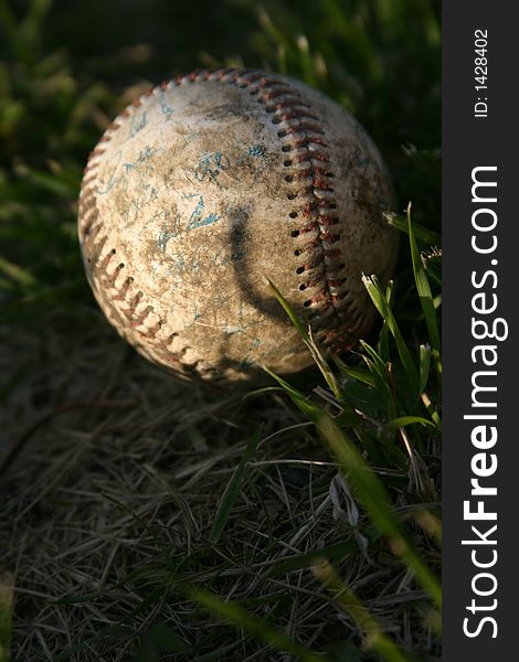 Old baseball ball in grass. Old baseball ball in grass