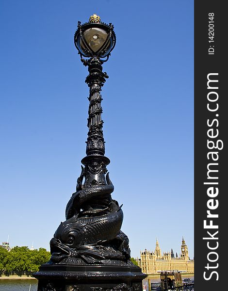 A London street lamp near the River Thames, London, England