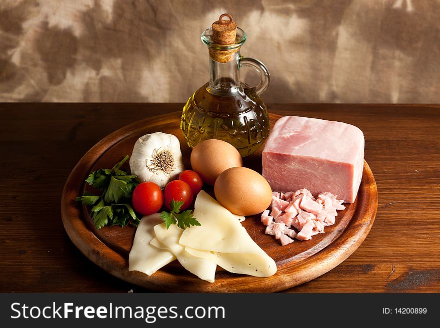 Photo of ingredients for preparing and coocking omelettes. Photo of ingredients for preparing and coocking omelettes