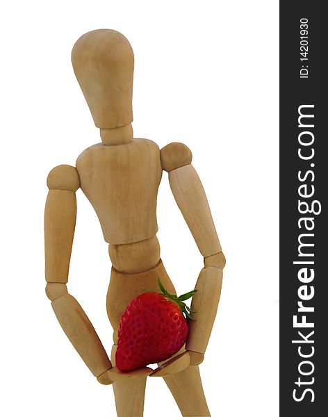 Manikin with fruit in it's hands.