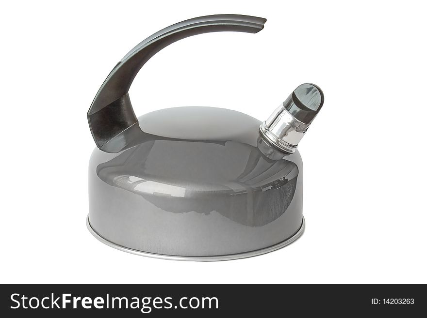 Silver kettle with whistle on a white background.