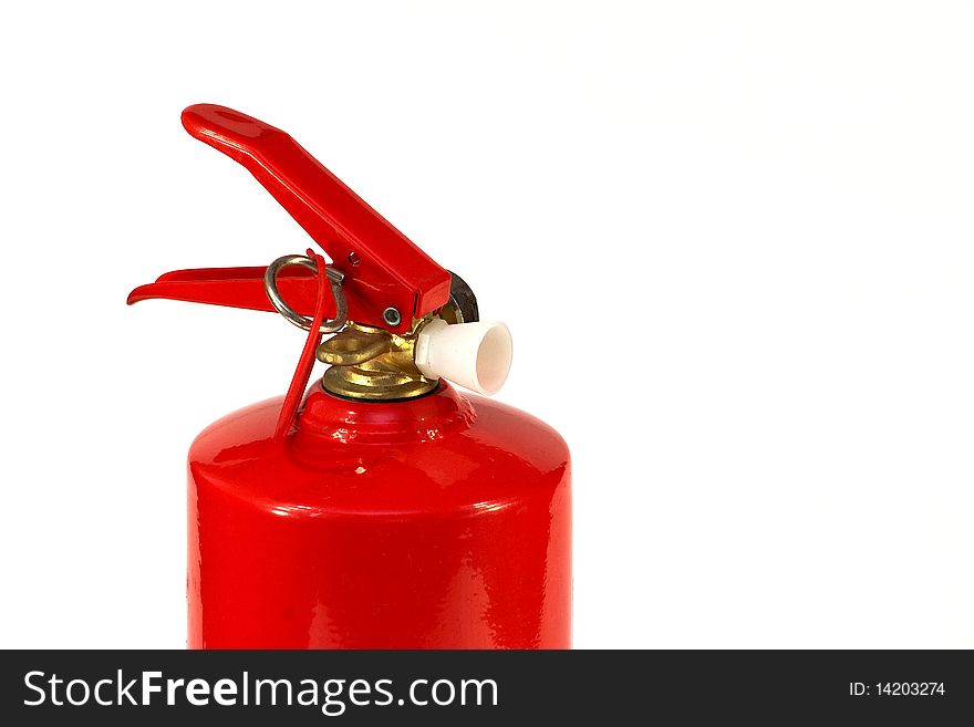 A red fire extinguisher on a white background. Hand tools for fire extinguishing