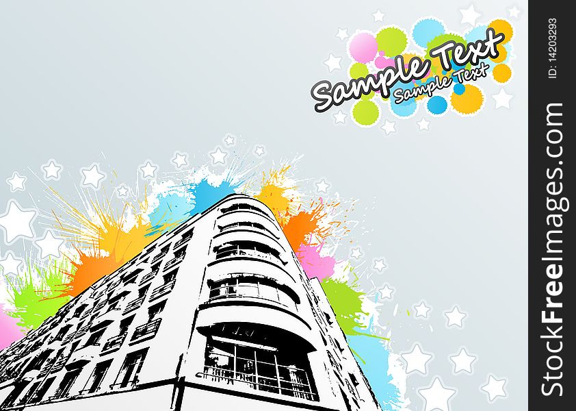 Vector illustration of a roughly traced modern building with colorful splatter elements in the background with cheerful stars and lined art. Sample text in the corner. Vector illustration of a roughly traced modern building with colorful splatter elements in the background with cheerful stars and lined art. Sample text in the corner.