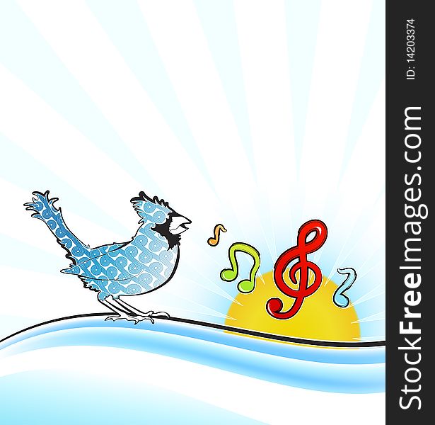 Vector illustration of a beautiful patterned singing bird tweeting musical notes on a gradient wave decorating a sunny background design.