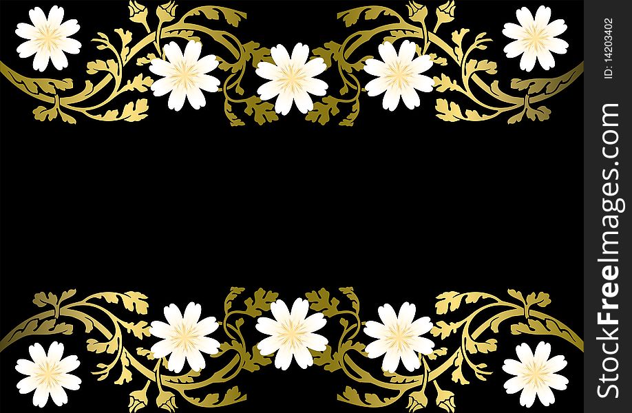An illustration of white flowers and gold ornaments. An illustration of white flowers and gold ornaments