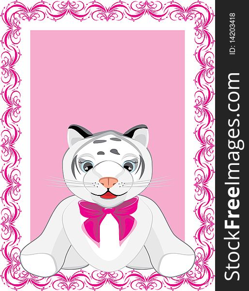 Little tiger with pink bow in the decorative frame. Illustration