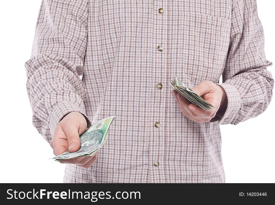 Man hold cash isolated on white background. Man hold cash isolated on white background