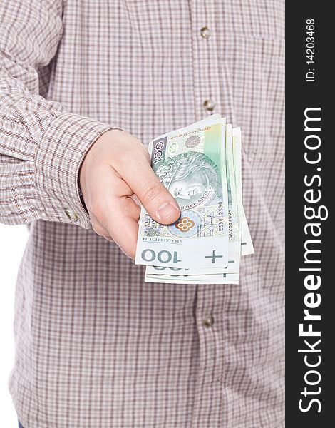 Man hold cash isolated on white background. Man hold cash isolated on white background