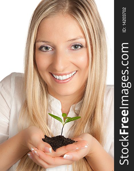 Isolated young plant in woman hands