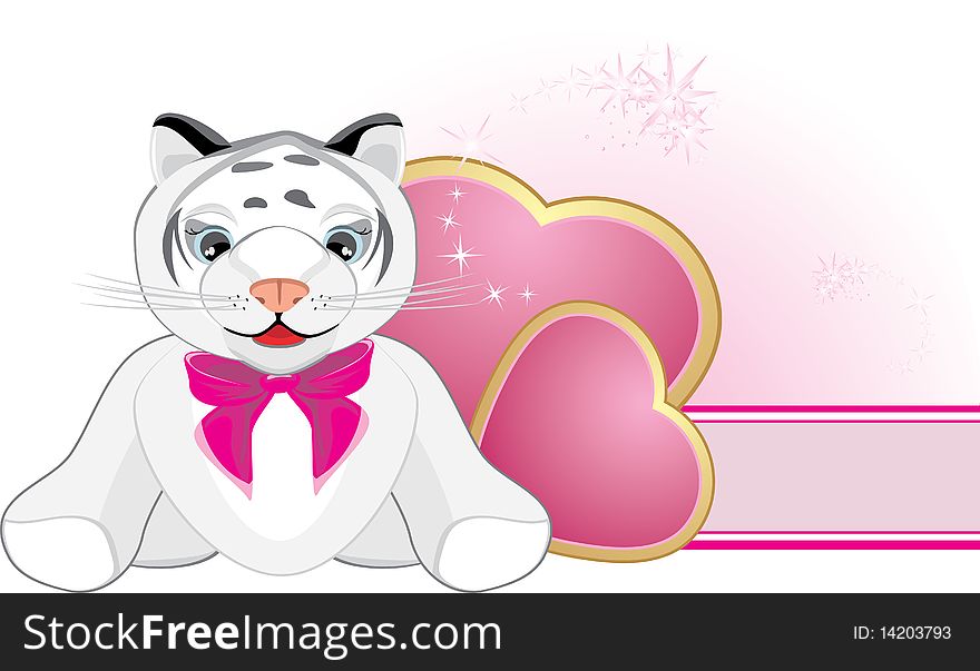 Little tiger with pink bow and hearts. Banner. Illustration
