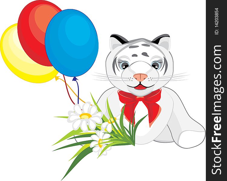 Little Tiger With Chamomiles And Colorful Balloons