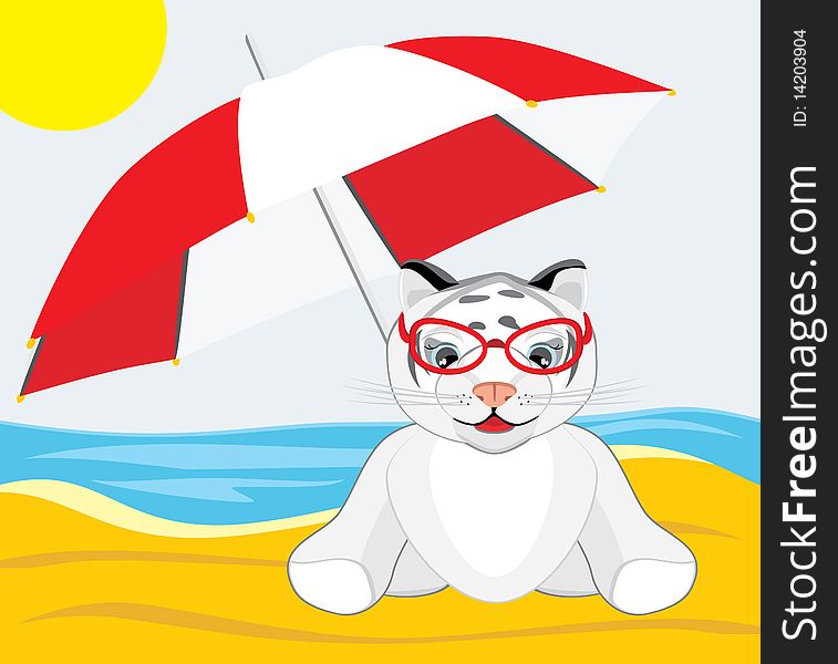 Little tiger with umbrella on the beach. Illustration