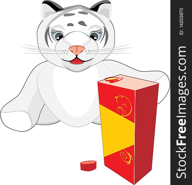 Little tiger with the package of juice. Illustration