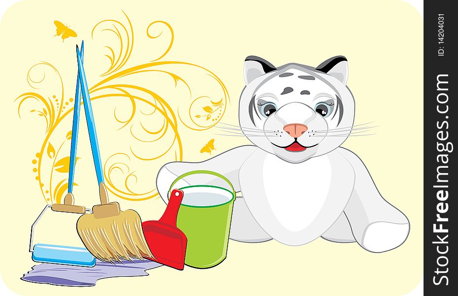 Little tiger with set for cleaning. Card. Illustration