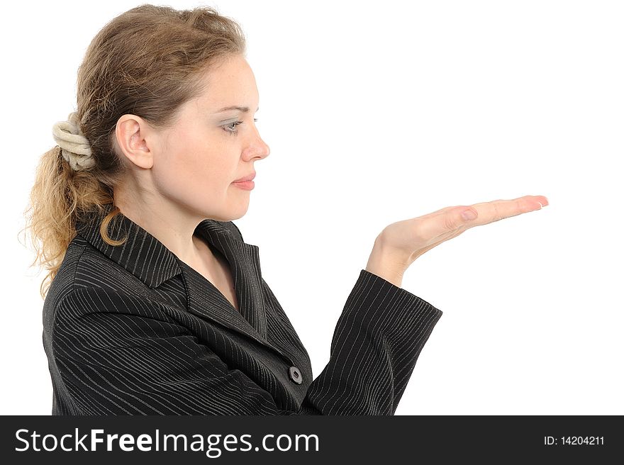 Beautiful business woman holding hand presenting a product. On a white background. Beautiful business woman holding hand presenting a product. On a white background