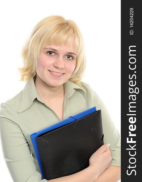 Beautiful confident woman with a folder on a white background. Beautiful confident woman with a folder on a white background