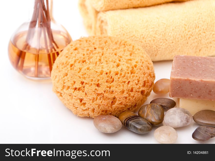 Various spa objects on white background