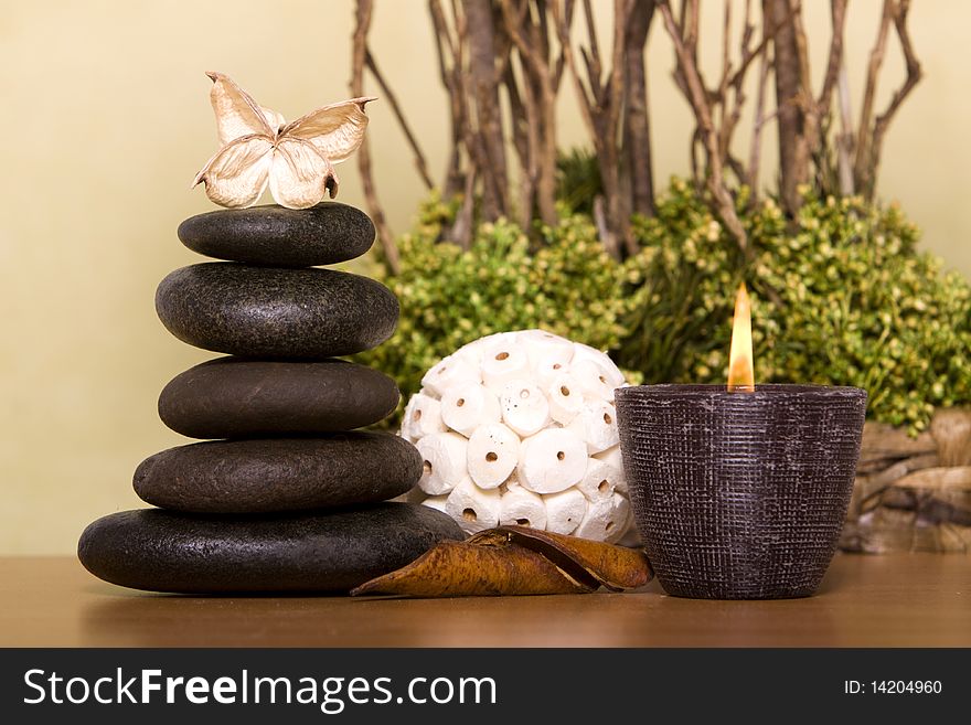 Massage stones and spa candle. Massage stones and spa candle