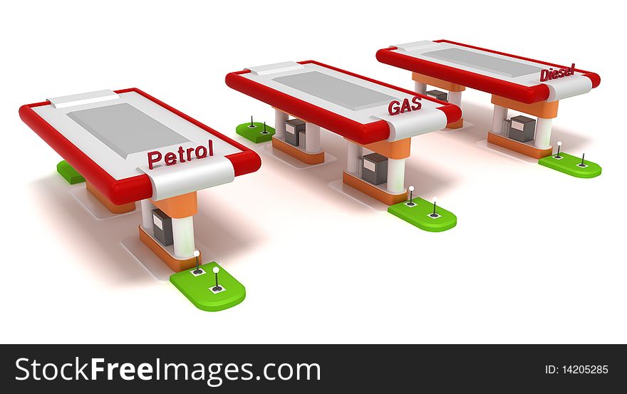 Three red filling stations isolated on white. 3D image.