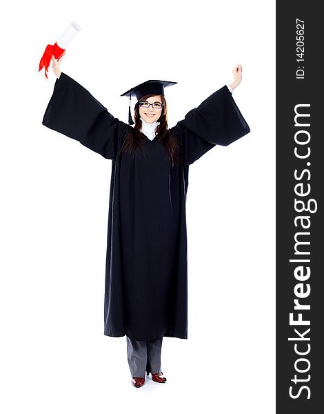 Educational theme: graduating student girl in an academic gown. Isolated over white background. Educational theme: graduating student girl in an academic gown. Isolated over white background.