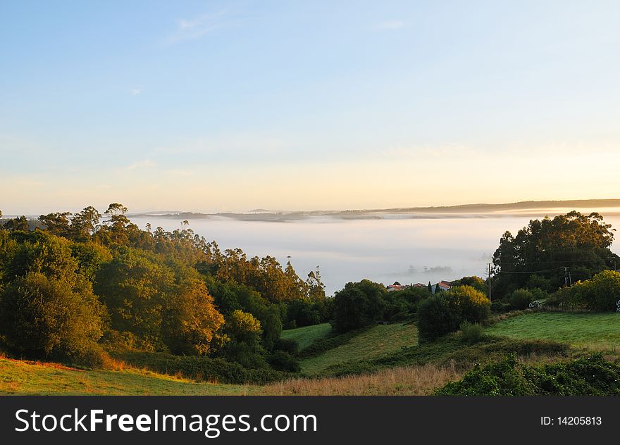Valley filled with morning fog seen from forested hill. Valley filled with morning fog seen from forested hill