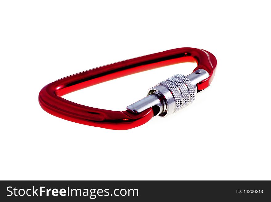 Red carabiner for mowntain climbing