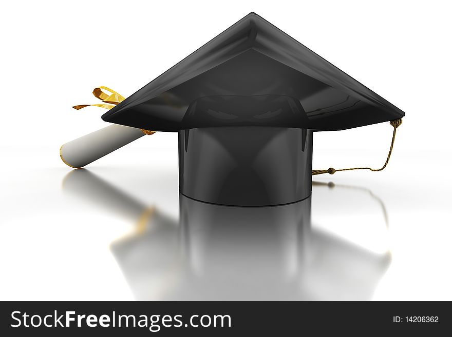 Black bachelor's hat and diploma on mirror plane