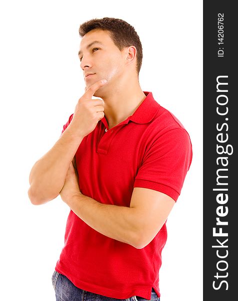 Pensive young casual man isolated on white background. Pensive young casual man isolated on white background