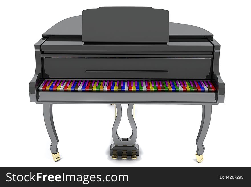 Black grand piano with color keys isolated on white background