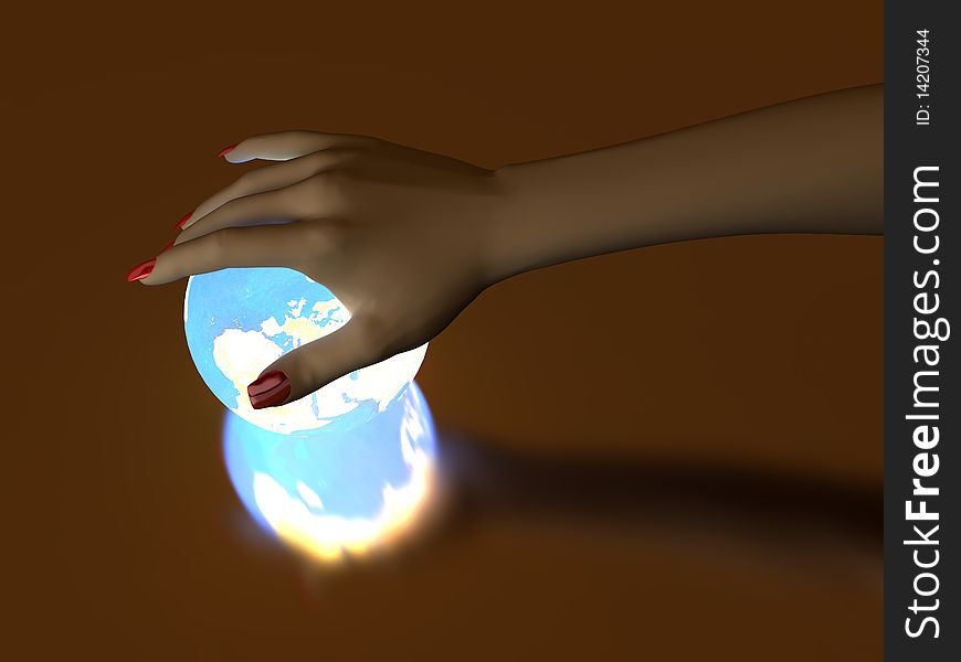 The hand rests on a bright ball, designed with a globe. The hand rests on a bright ball, designed with a globe