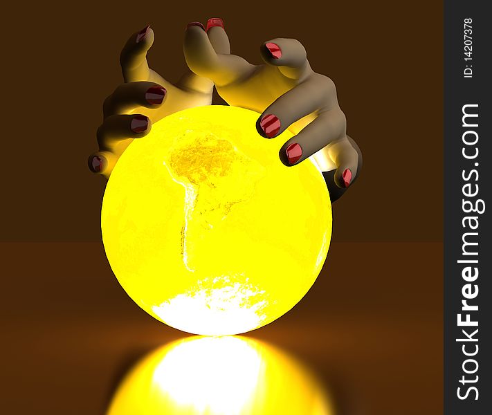 The hand rests on a bright ball, designed with a globe. The hand rests on a bright ball, designed with a globe