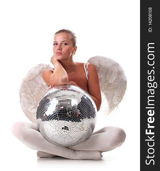 Beauty woman with wings like angel and disco ball