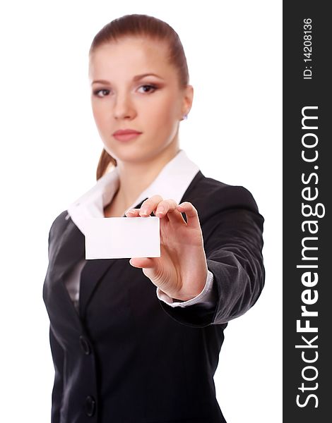 Portrait of young businesswoman with white card