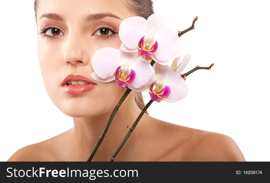 Portrait of young beautiful woman with white orchid. Portrait of young beautiful woman with white orchid