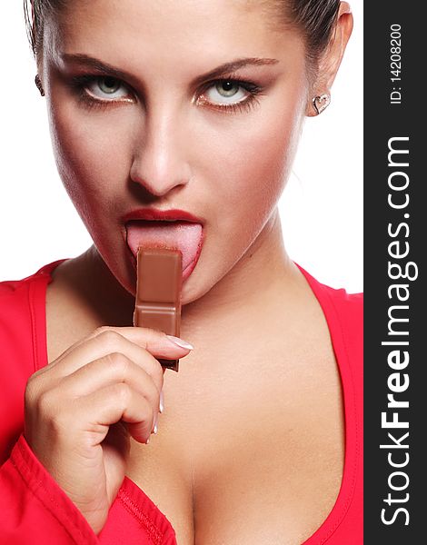 Woman And Bar Of Chocolate